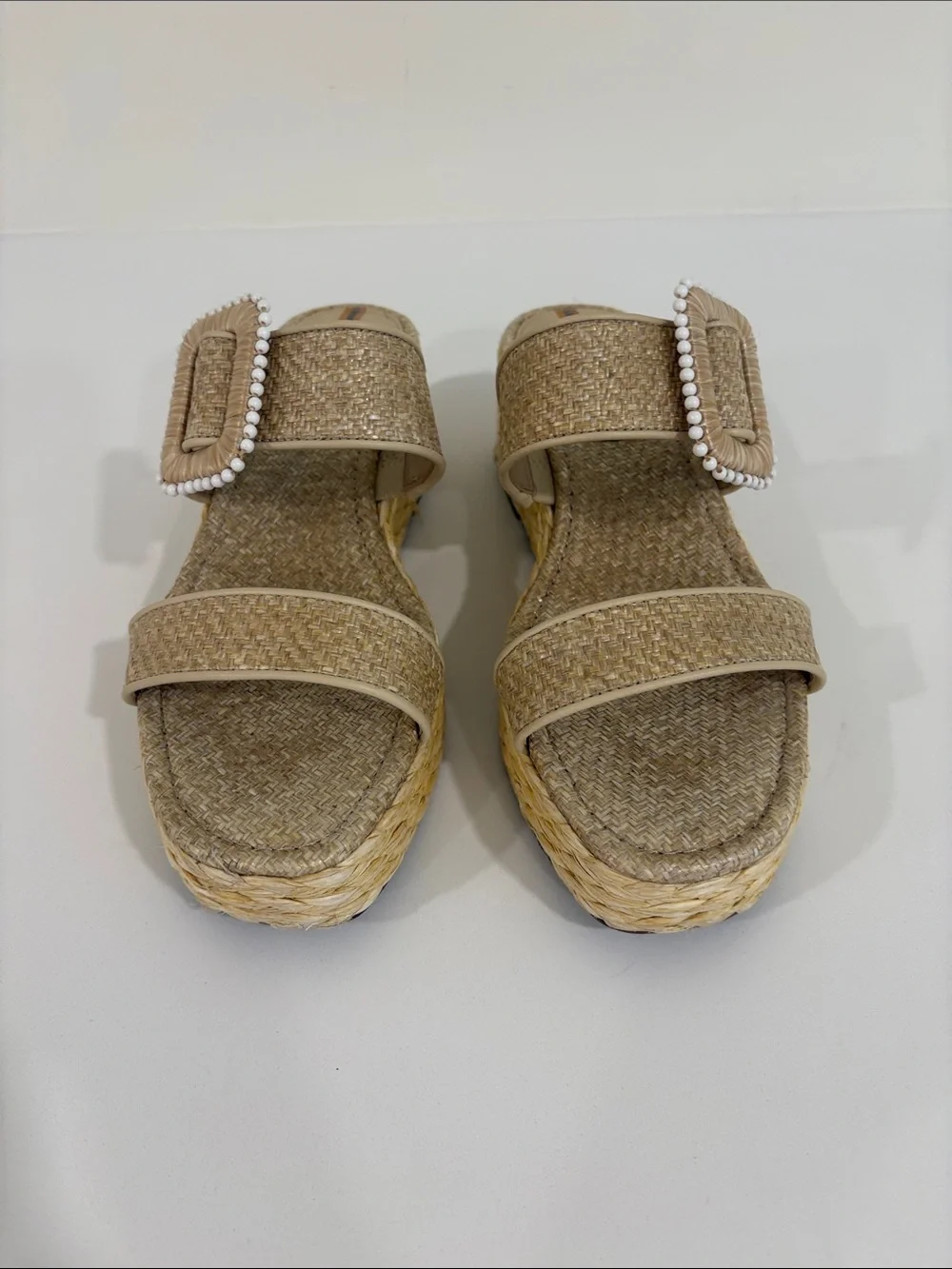 Sam Edelman Natural Raffia Platform Slides with Pearl-Trim Buckle - Picture 2 of 5
